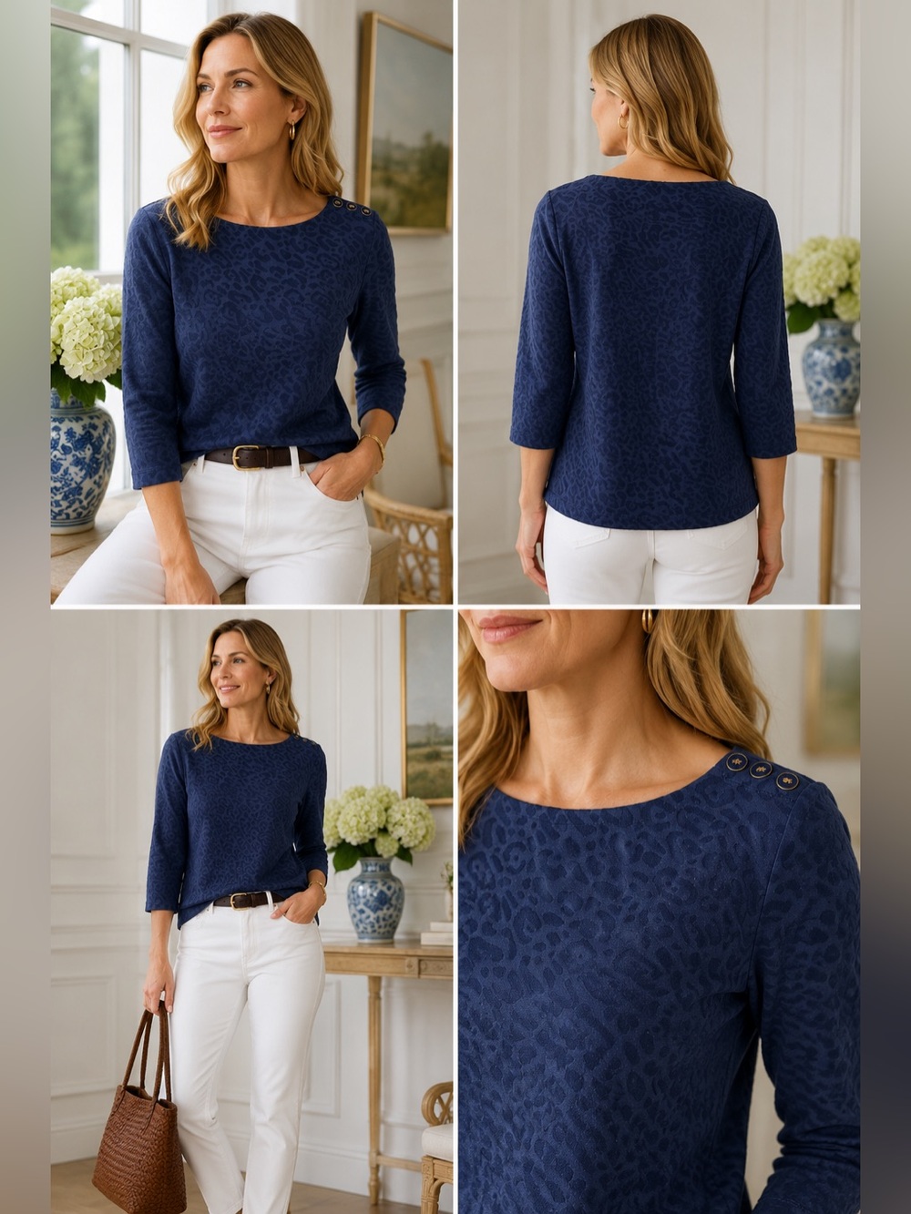 J. McLaughlin Navy Button-Shoulder Scoop Neck Sweater